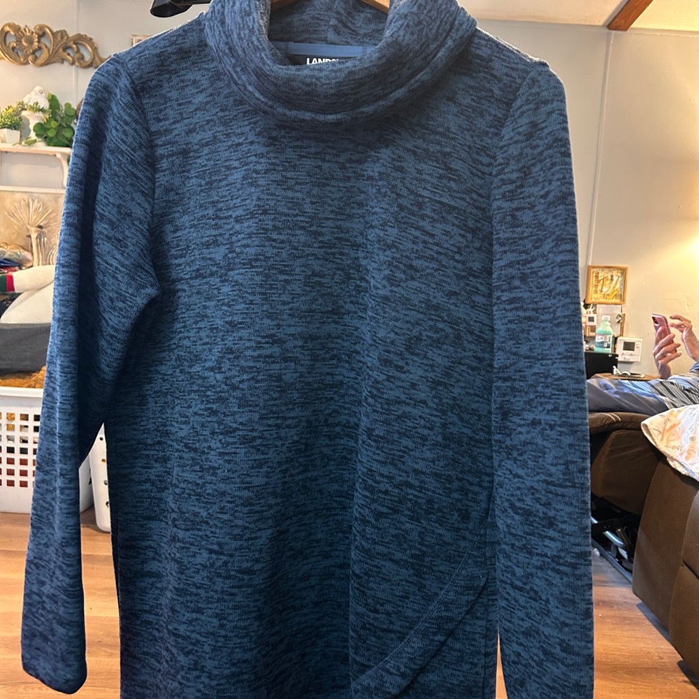 Lands' End Women's Heathered Navy Cowl Neck‎ Sweater